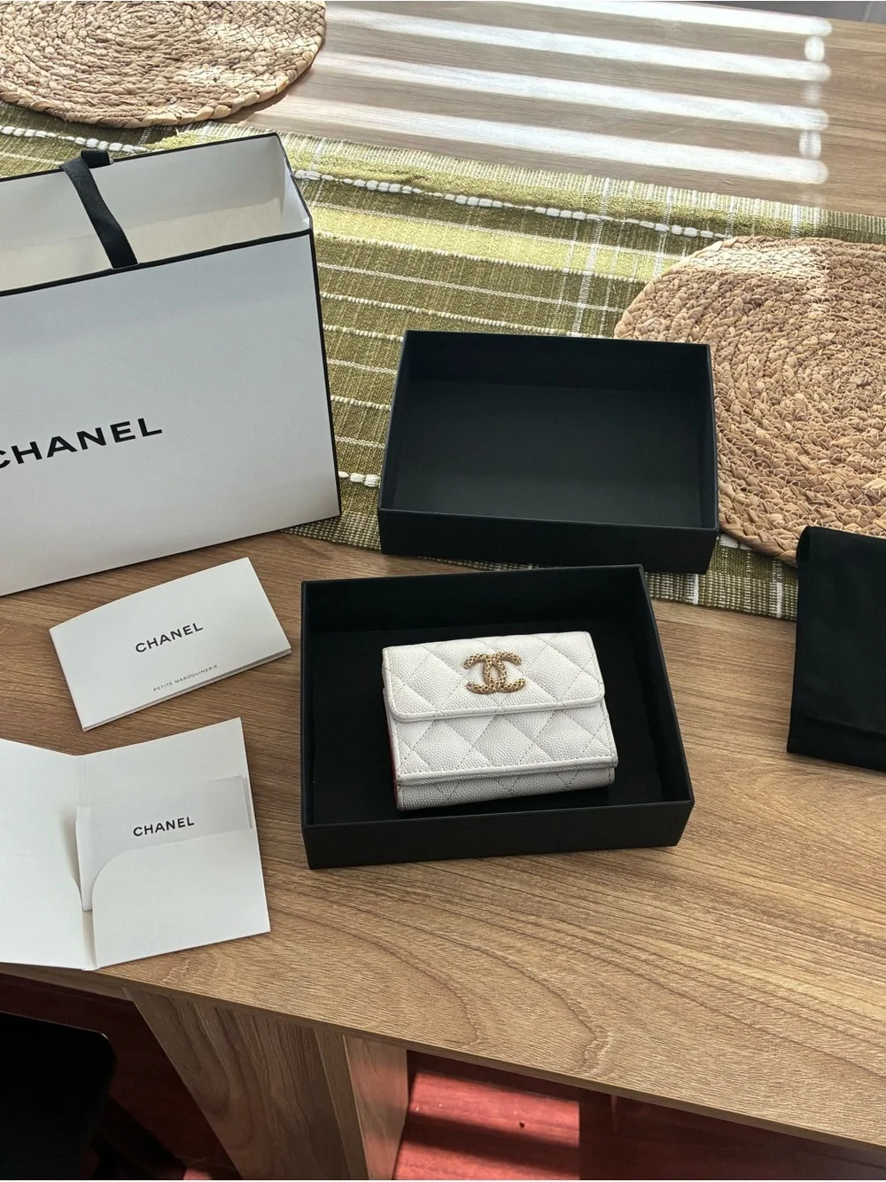 CHANEL White Quilted Caviar Leather Card Wallet with Receipt and COA